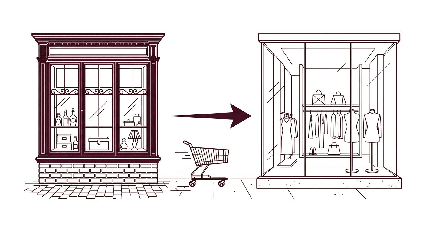Illustration d un caddie se déplaçant vers une vitrine plus moderne