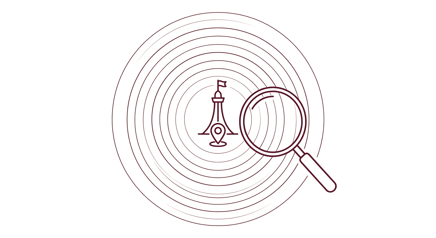 Illustration d un point de repère géographique avec ondes de portée et loupe