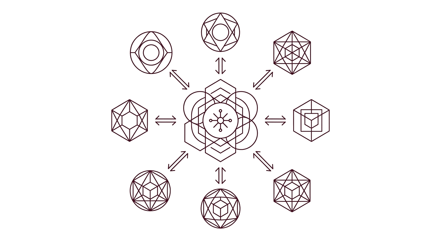 Illustration de formes connectées par des flèches bidirectionnelles