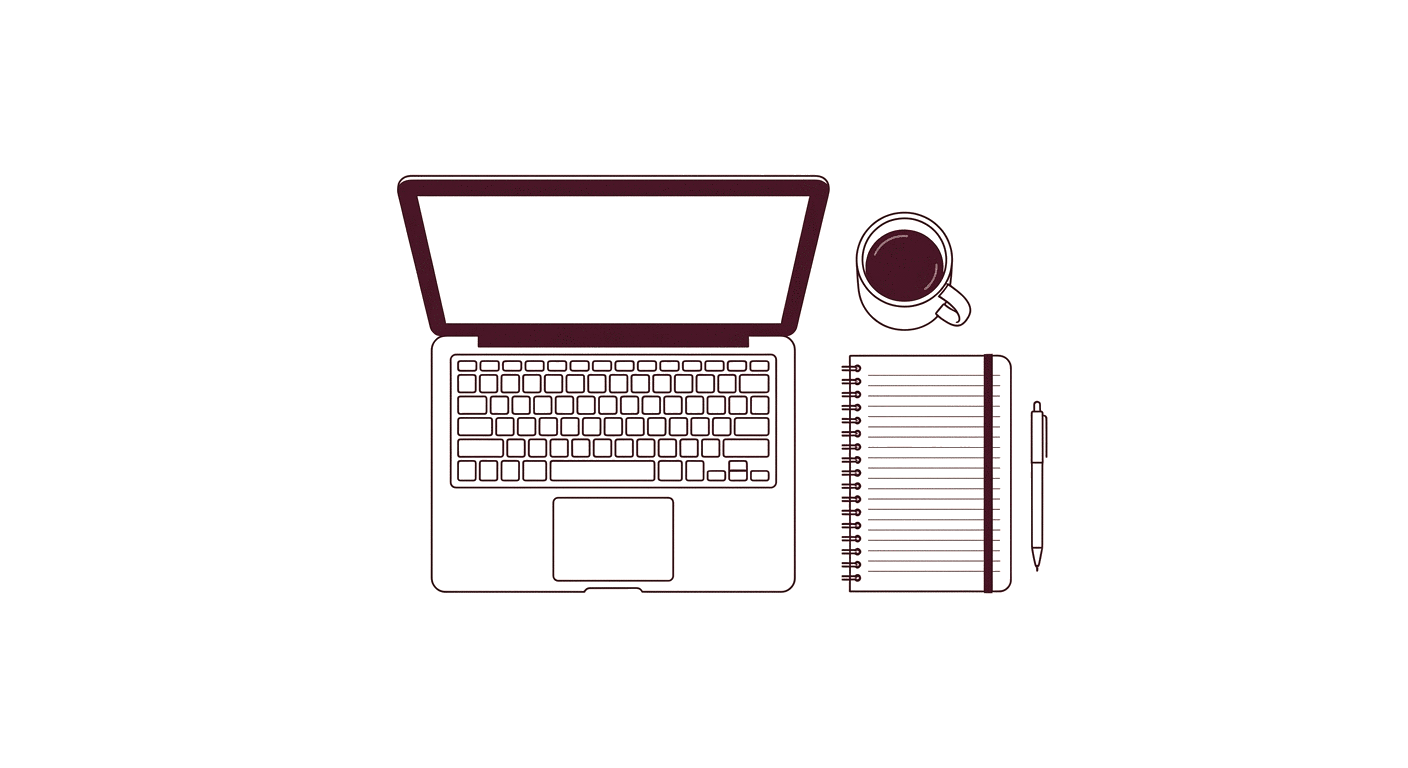 Illustration d'un bureau de travail vu de dessus : ordinateur portable, café, carnet