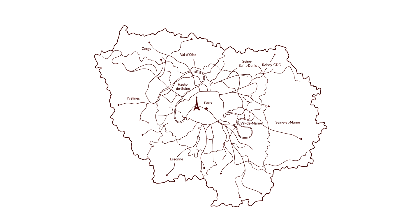 Carte stylisée de l'Île-de-France avec les départements et Paris au centre