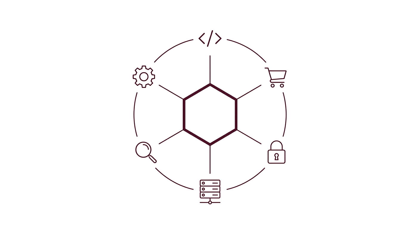 Illustration d'un hub central relié à six icônes d'expertise en orbite
