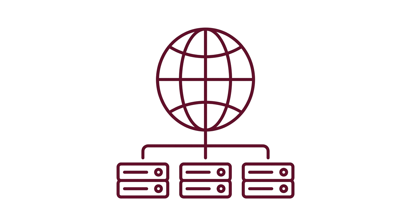 Illustration d'un globe relié par des lignes à trois petits serveurs