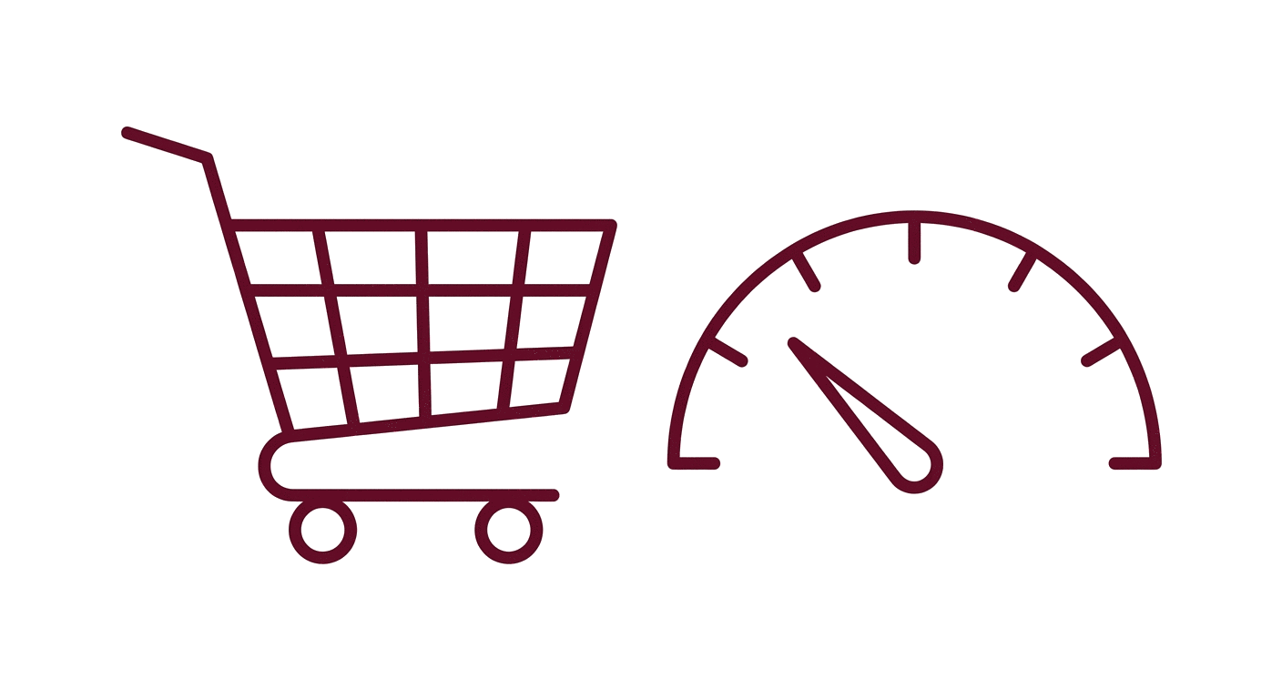 Illustration d'un panier d'achat à côté d'un compteur de vitesse en zone rouge